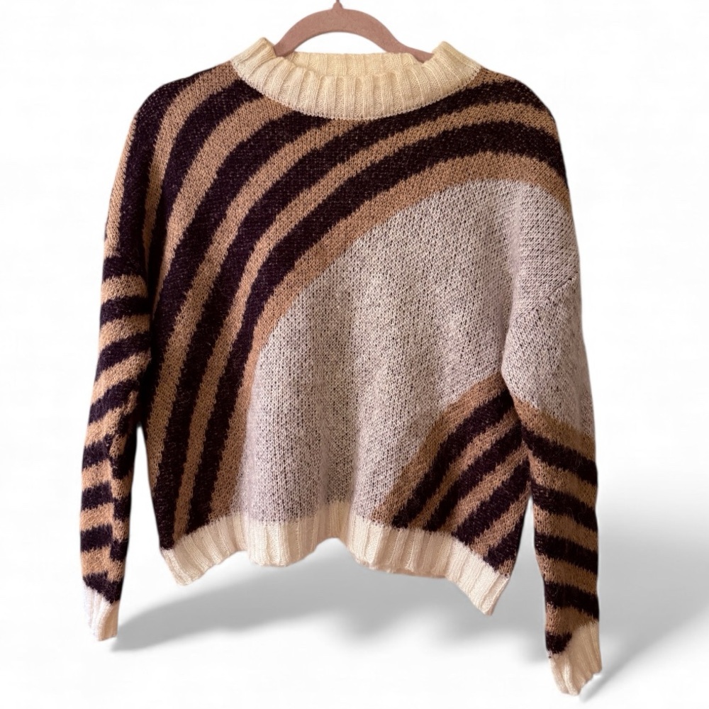 Italian Made Mohair Blend Striped Sweater in Brown and Cream - Size Small